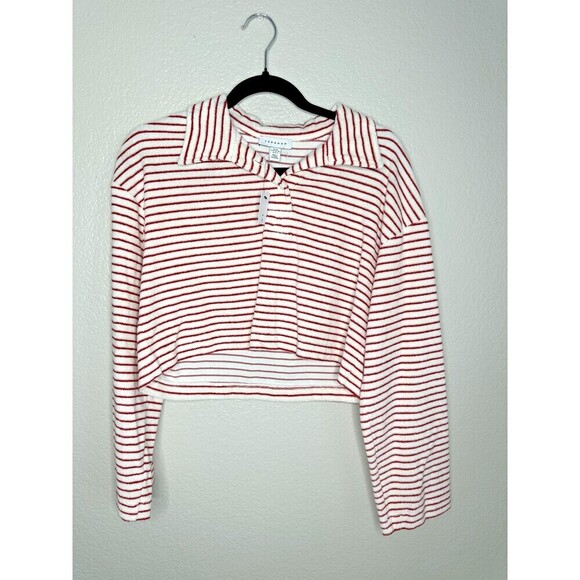 Topshop Tops - Topshop Pullover Womens XS Long Sleeve Cropped Soft White Red Striped Collared